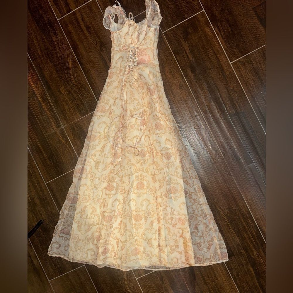 Sugar Thrillz "Laws of Luxury" Baroque Lace-Up Maxi Dress - extra small NWT